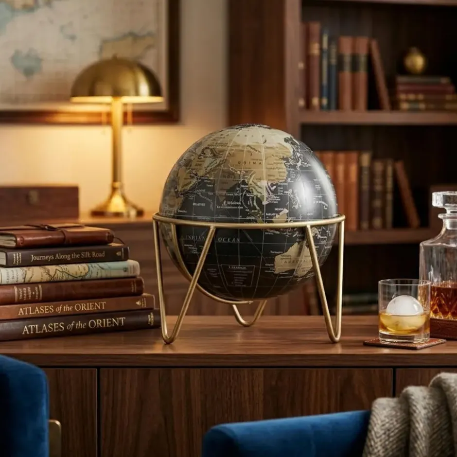Gerimport Decoratie Wereldbol / globe - zwart - D17 x H20 cm