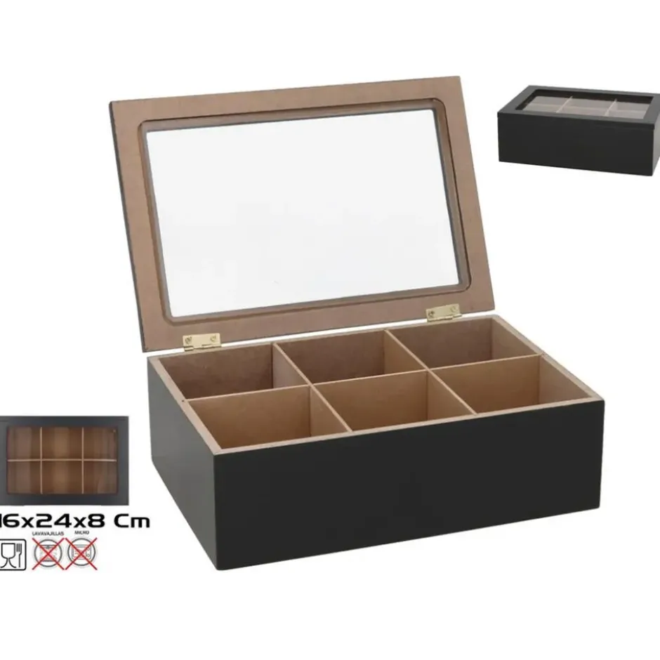 Gerimport Theedoos - 6-vaks - hout - 16 x 24 cm - met deksel