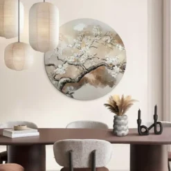 Glasschilderij Boom in bloei - Ø 70 - Beige
