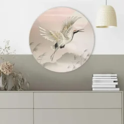 Glasschilderij Kraanvogels in Pastel - Ø 50 - Beige