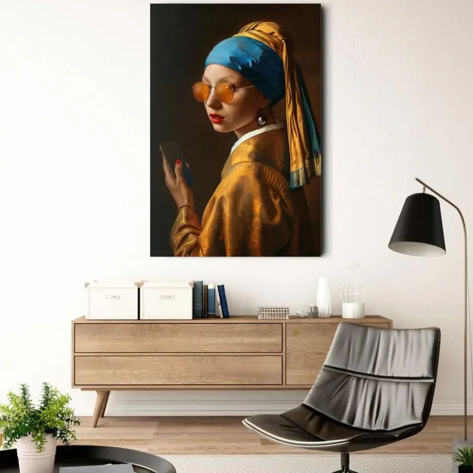 Glasschilderij Modern meisje met de parel - 116 x 78 - Oranje