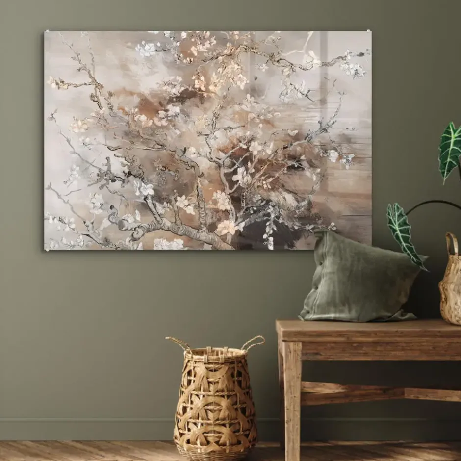 Glasschilderij 120x80 cm Amandelbloesem - Kunst - Van Gogh - Beige - Abstract