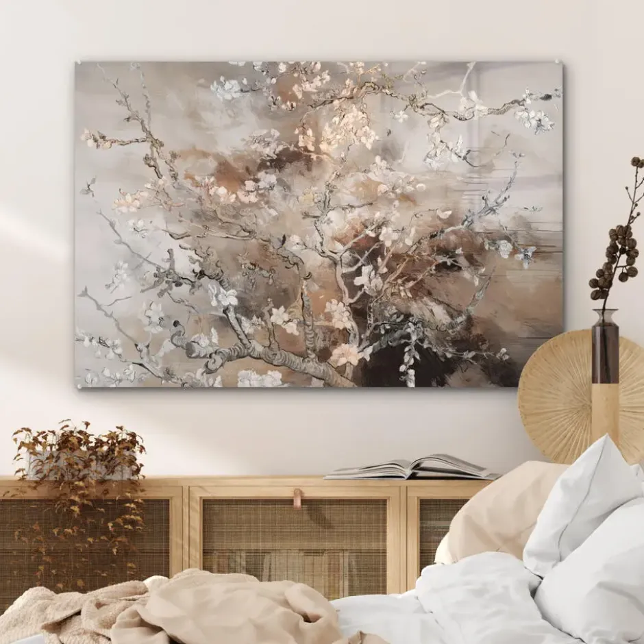 Glasschilderij 120x80 cm Amandelbloesem - Kunst - Van Gogh - Beige - Abstract