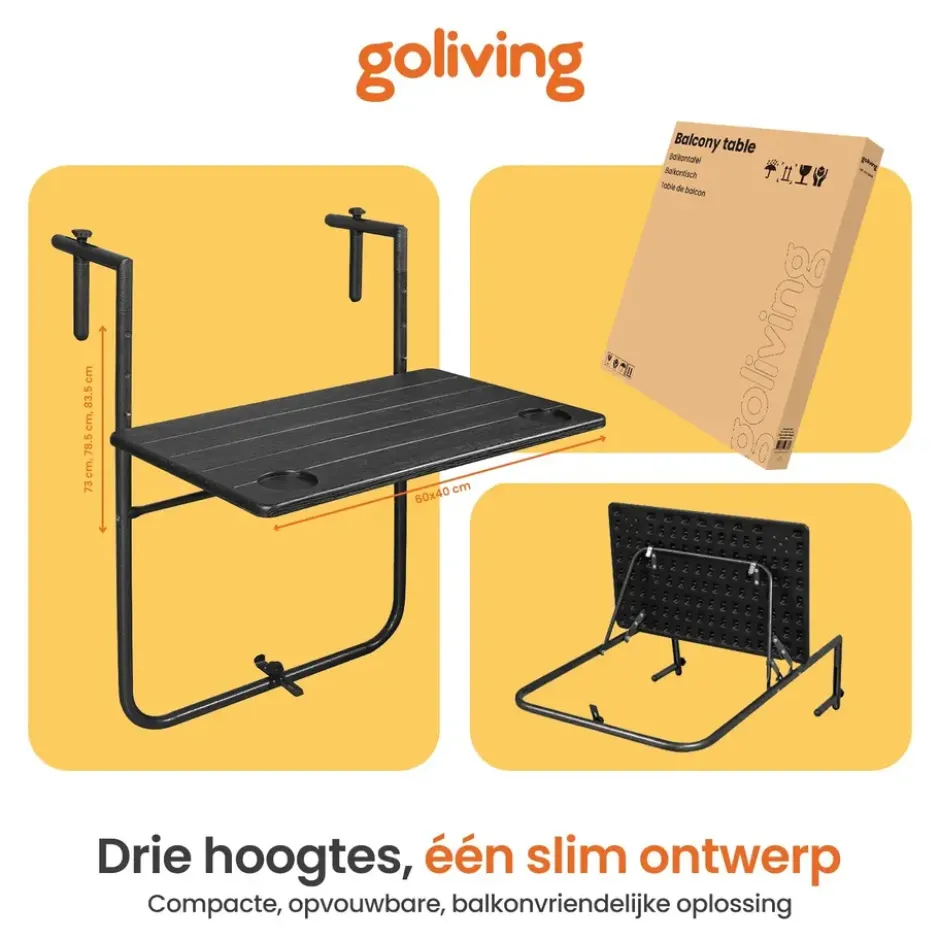 Goliving Balkontafel - Inklapbaar - Hangend - 60 x 40 cm - Hoogteverstelbaar