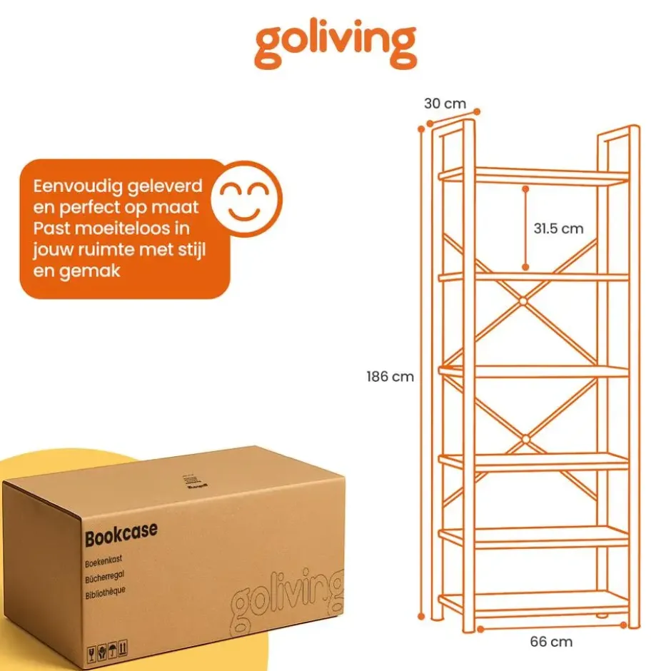 Goliving Boekenkast - 66 x 30 x 186 cm - 6 Lagen - Opbergkast - Wandkast