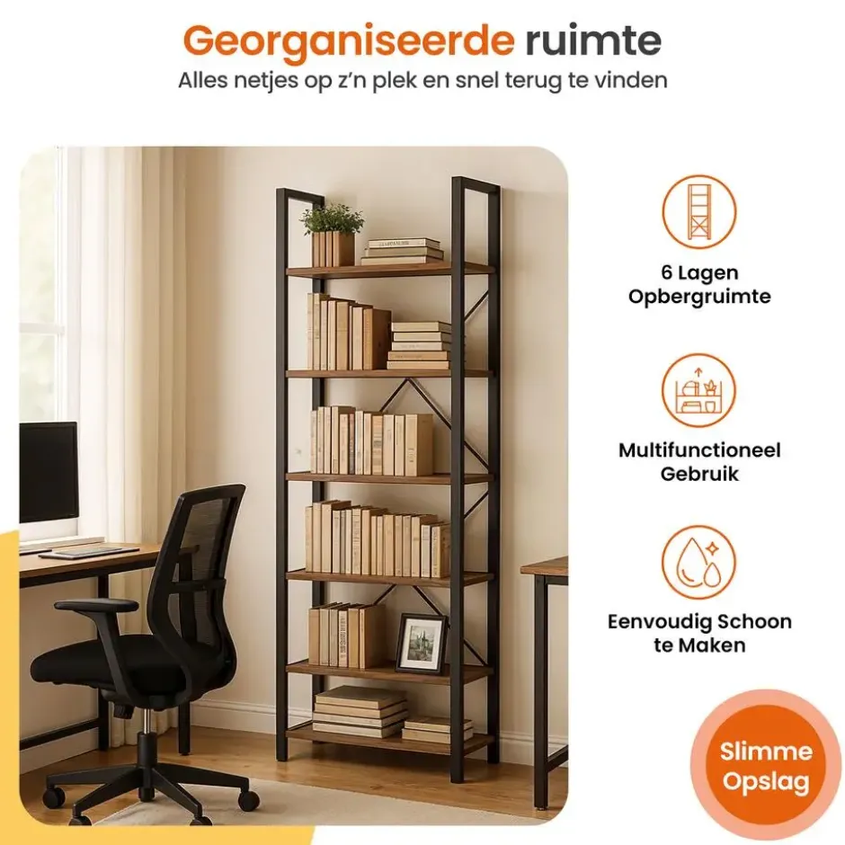 Goliving Boekenkast - 66 x 30 x 186 cm - 6 Lagen - Opbergkast - Wandkast