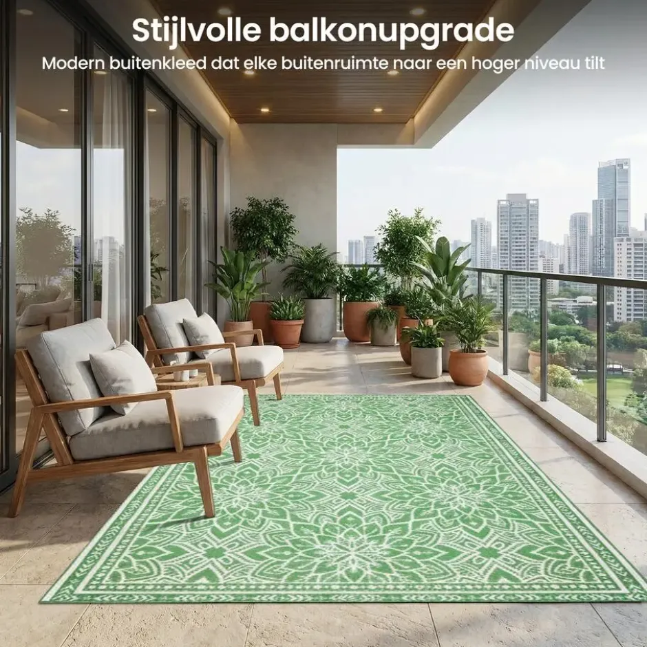 Goliving Buitenkleed Summer Flora - 183x290CM - Draagtas - Groen/Wit