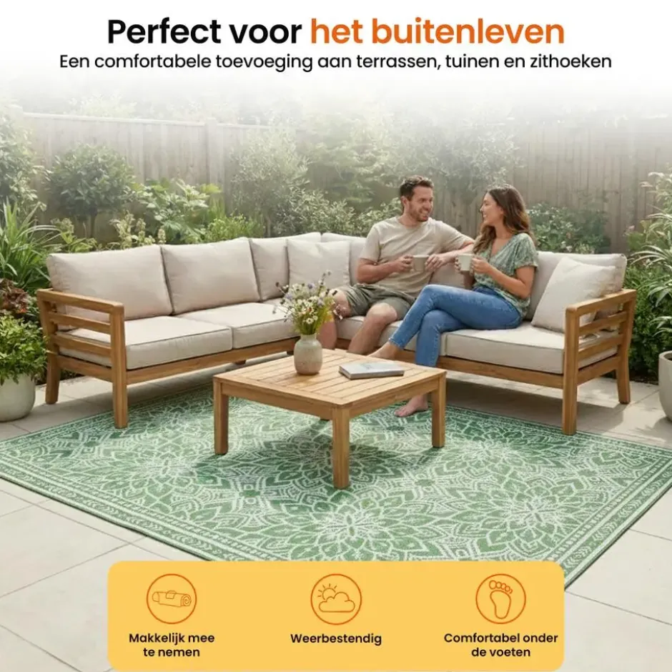 Goliving Buitenkleed Summer Flora - 183x290CM - Draagtas - Groen/Wit