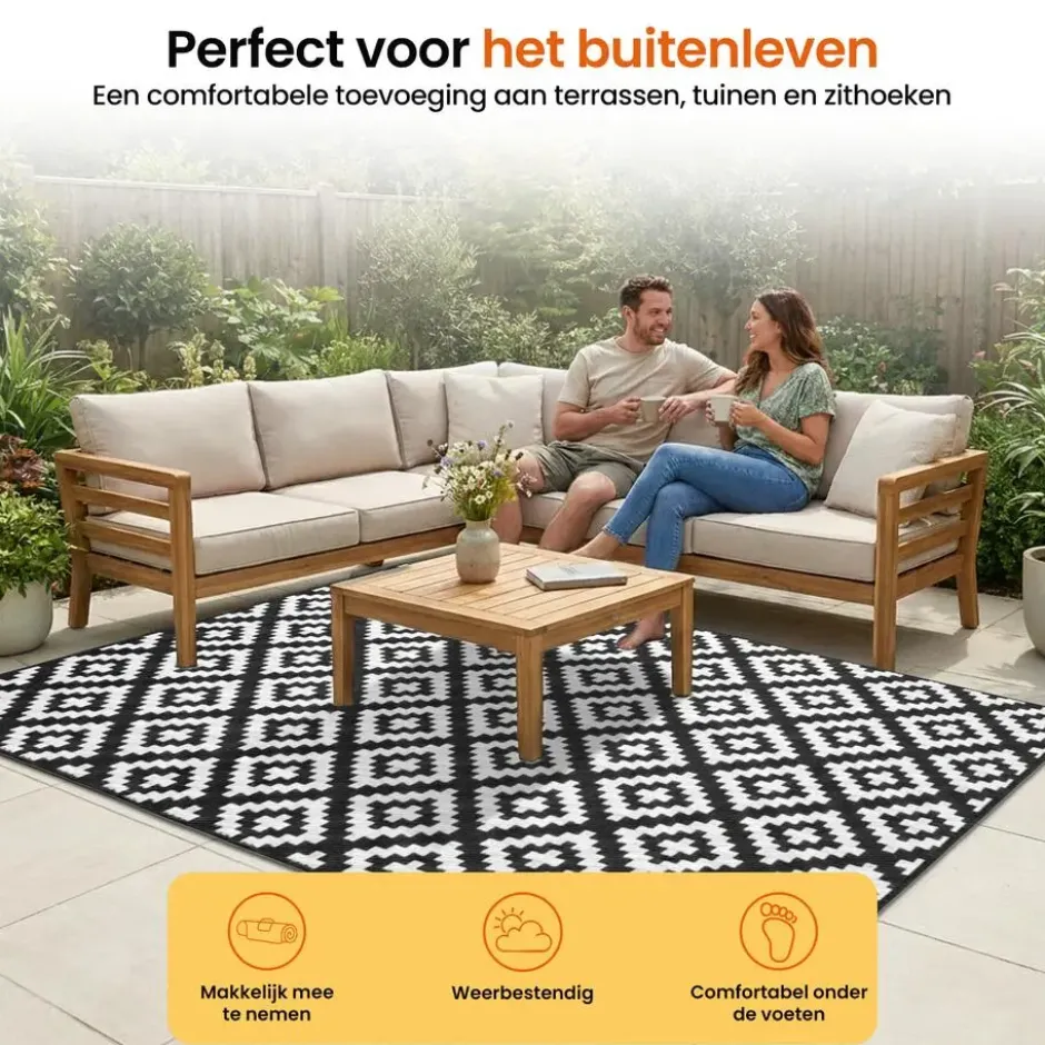 Goliving Buitenkleed Summer Diamond - 183x290CM - Draagtas - Zwart/Wit