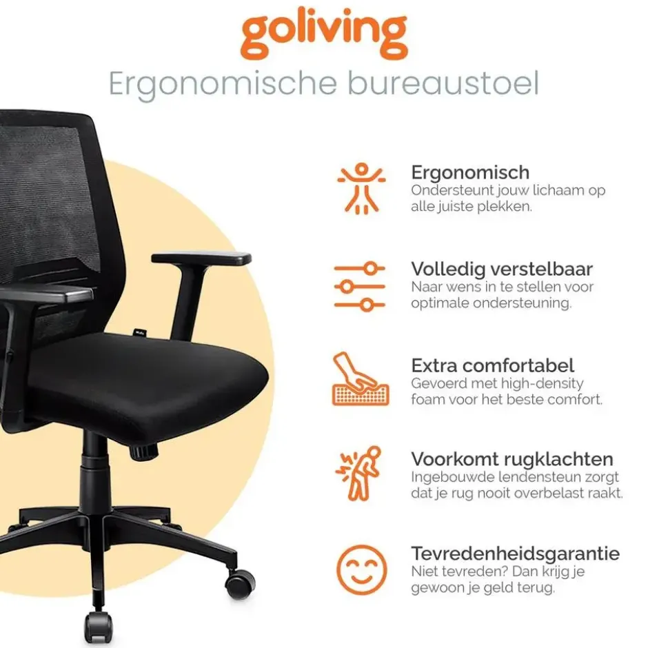 Goliving Ergonomisch bureaustoel - Verstelbaar - Op wieltjes - Zwart