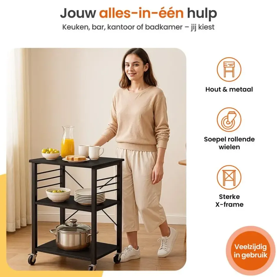 Goliving Keukentrolley - Keukenkast - Keukenrek - Keuken Organizer - Zwart