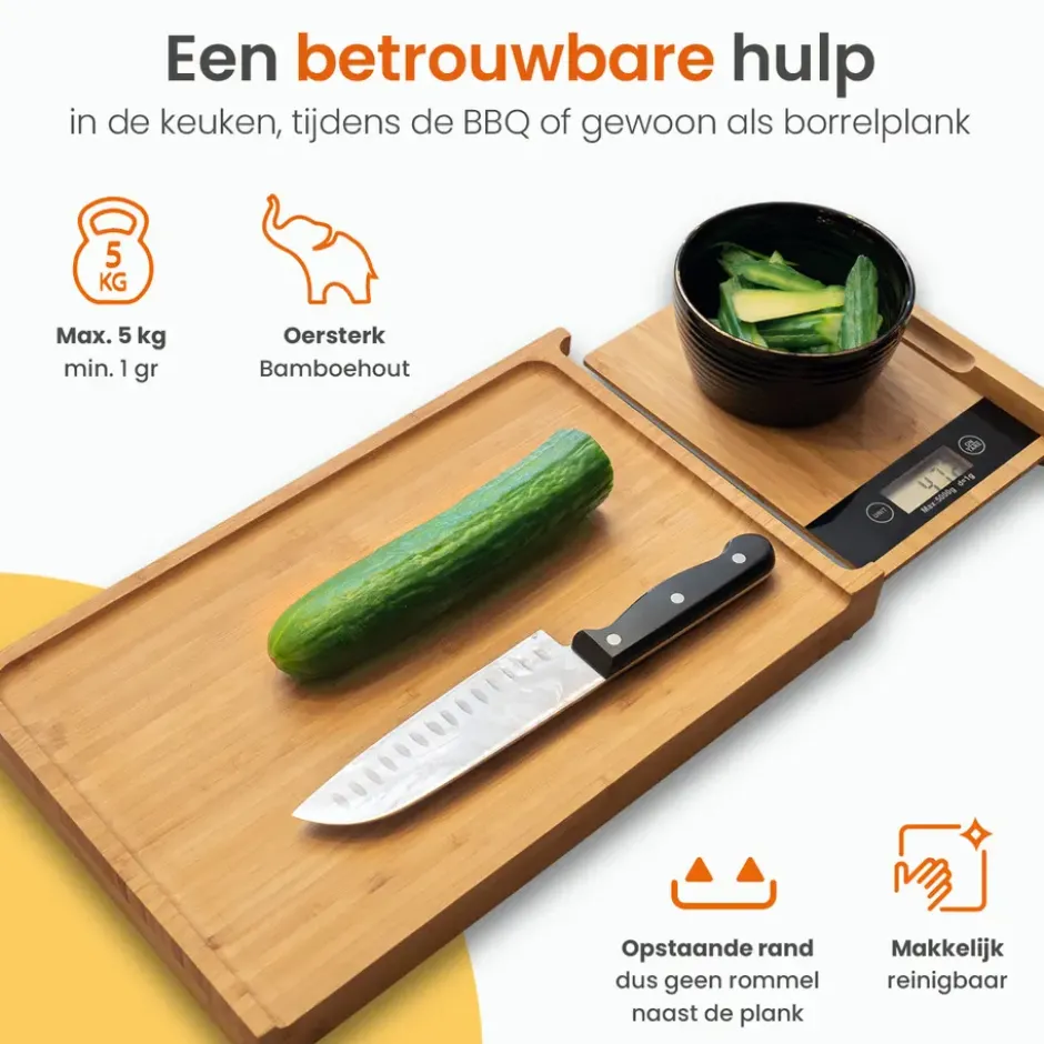 Goliving Snijplank met Uitschuifbare Keukenweegschaal – Bamboe – 40 tot 56 cm
