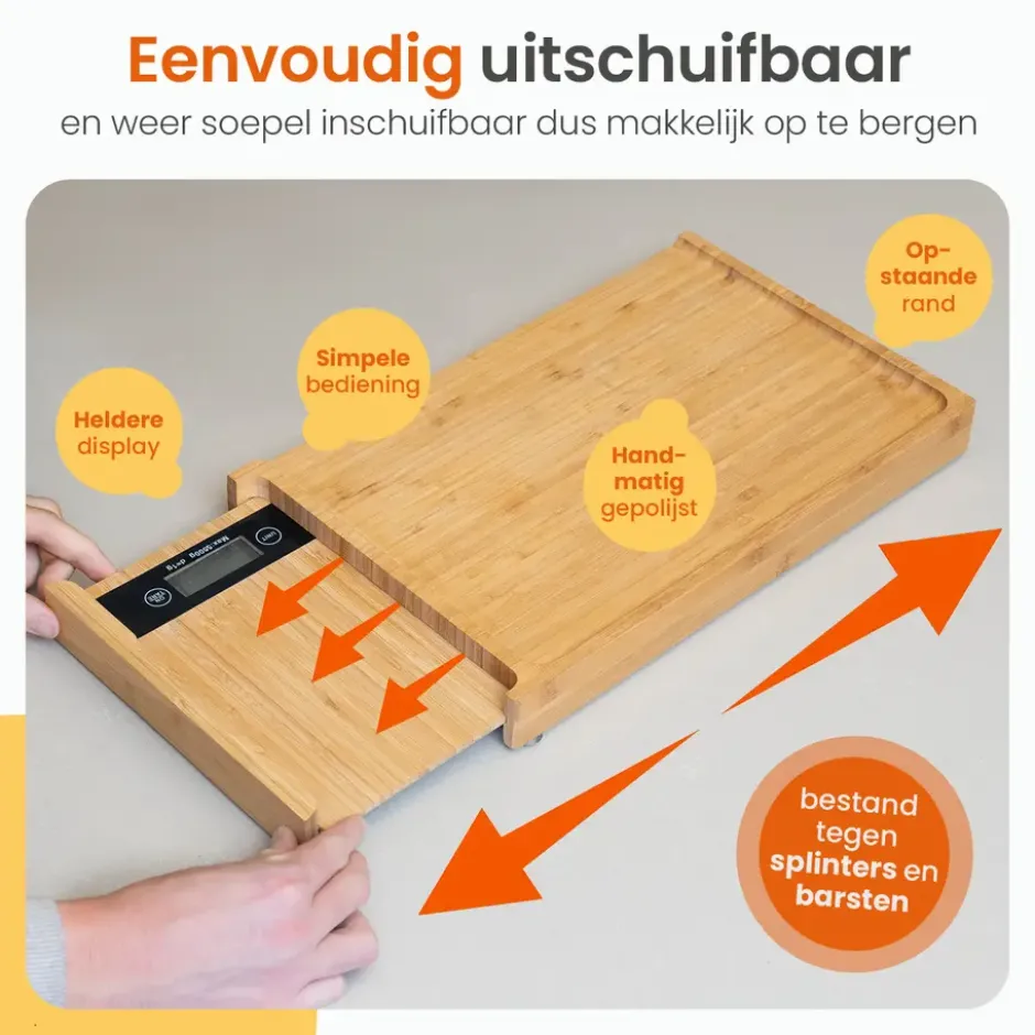 Goliving Snijplank met Uitschuifbare Keukenweegschaal – Bamboe – 40 tot 56 cm