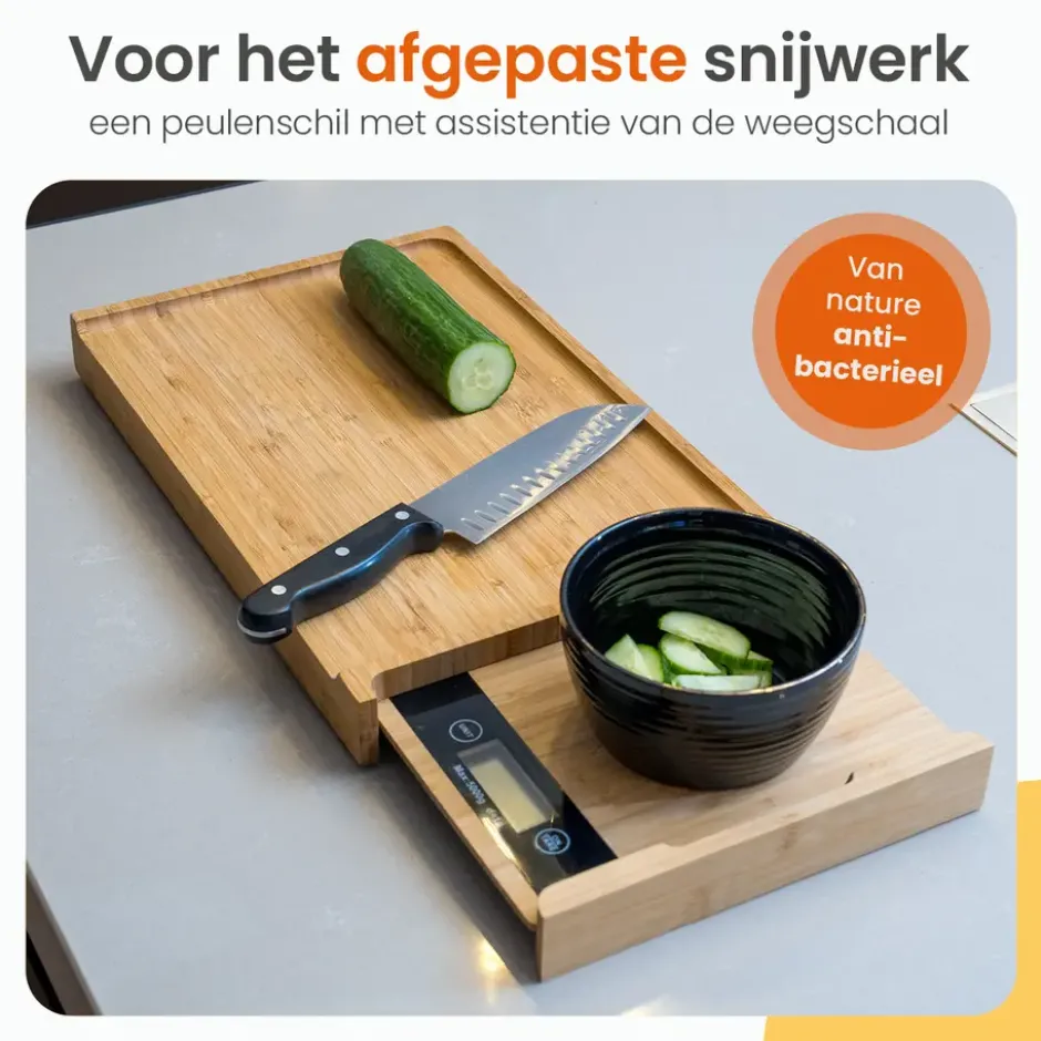 Goliving Snijplank met Uitschuifbare Keukenweegschaal – Bamboe – 40 tot 56 cm