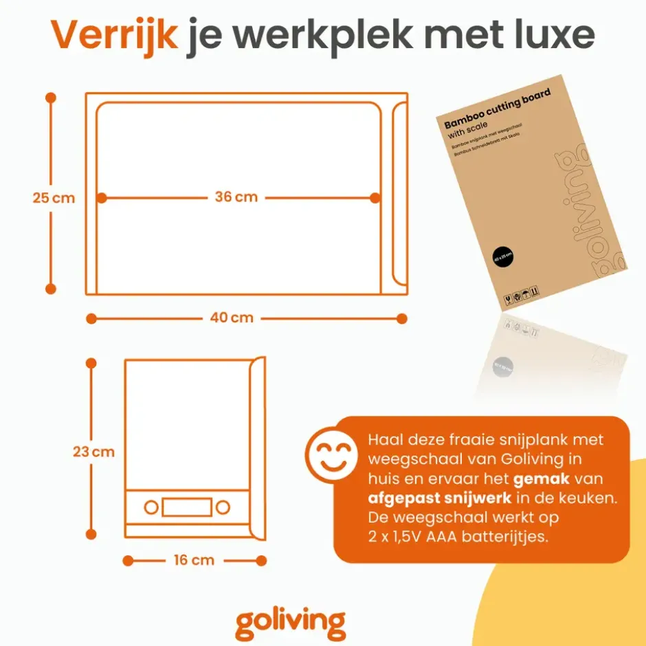 Goliving Snijplank met Uitschuifbare Keukenweegschaal – Bamboe – 40 tot 56 cm
