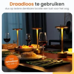 Goliving Tafellamp Op Accu - Oplaadbaar en Dimbaar - Hoogte 27 cm - Goud