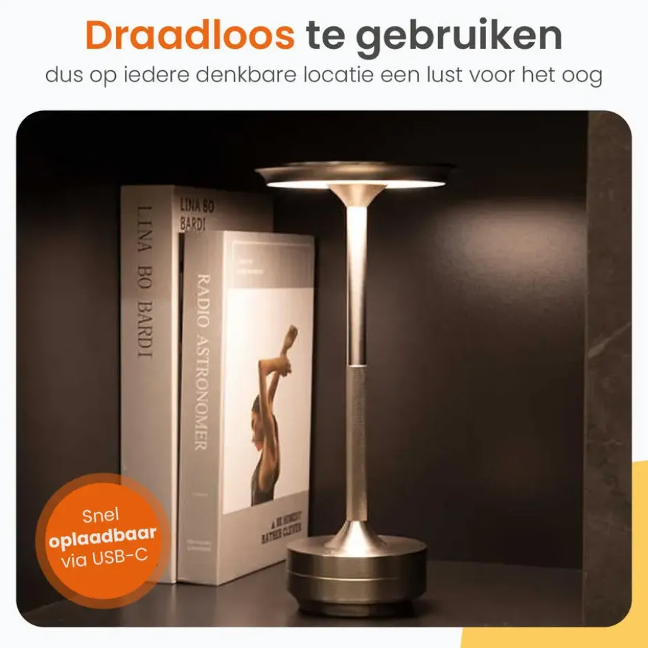 Goliving Tafellamp Op Accu - Oplaadbaar en Dimbaar - Hoogte 27 cm - Zilver