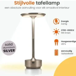 Goliving Tafellamp Op Accu - Oplaadbaar en Dimbaar - Hoogte 27 cm - Zilver