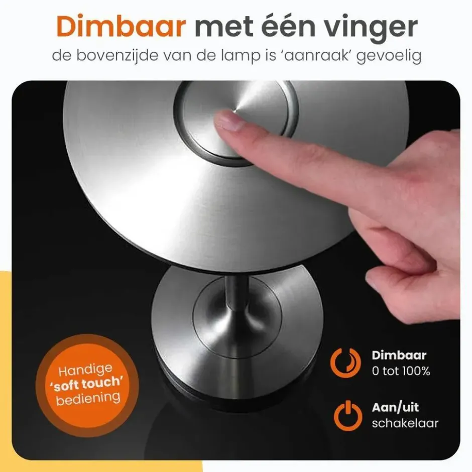 Goliving Tafellamp Op Accu - Oplaadbaar en Dimbaar - Hoogte 27 cm - Zilver