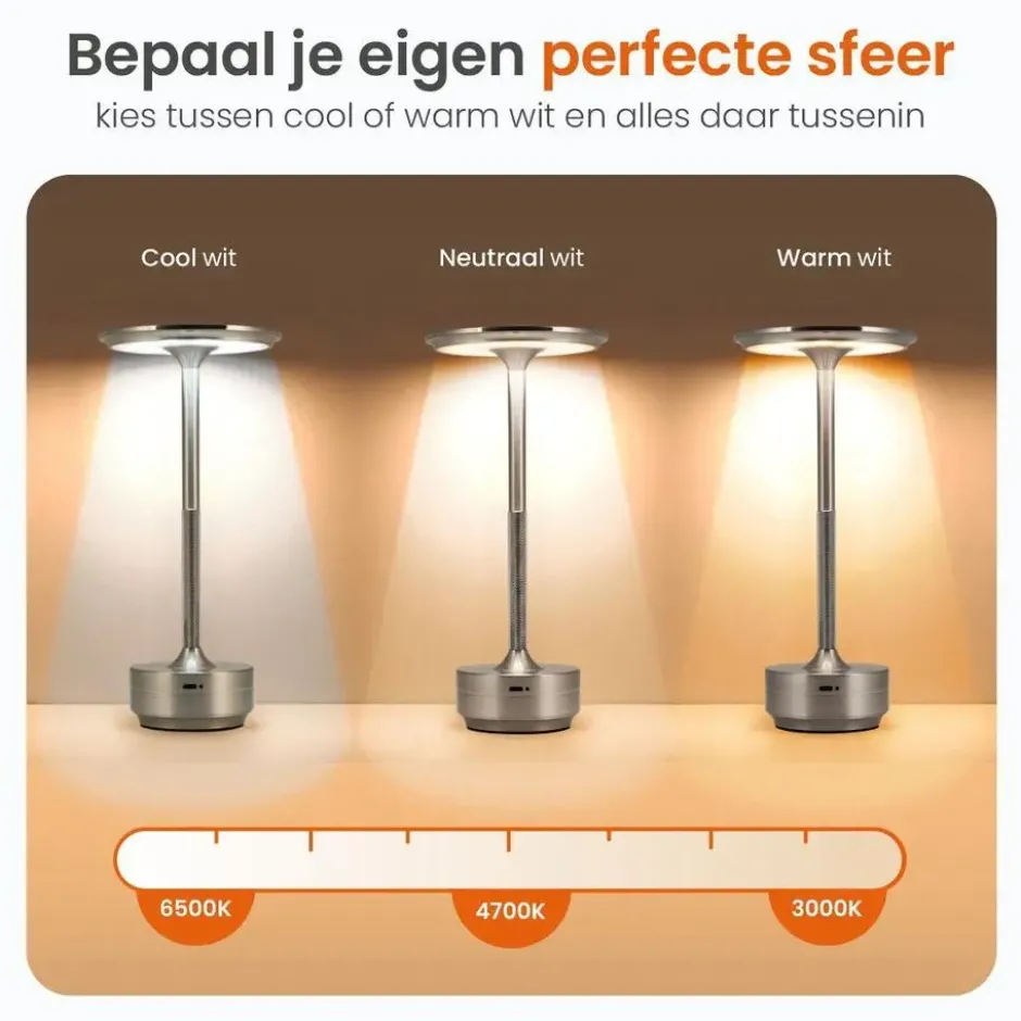 Goliving Tafellamp Op Accu - Oplaadbaar en Dimbaar - Hoogte 27 cm - Zilver