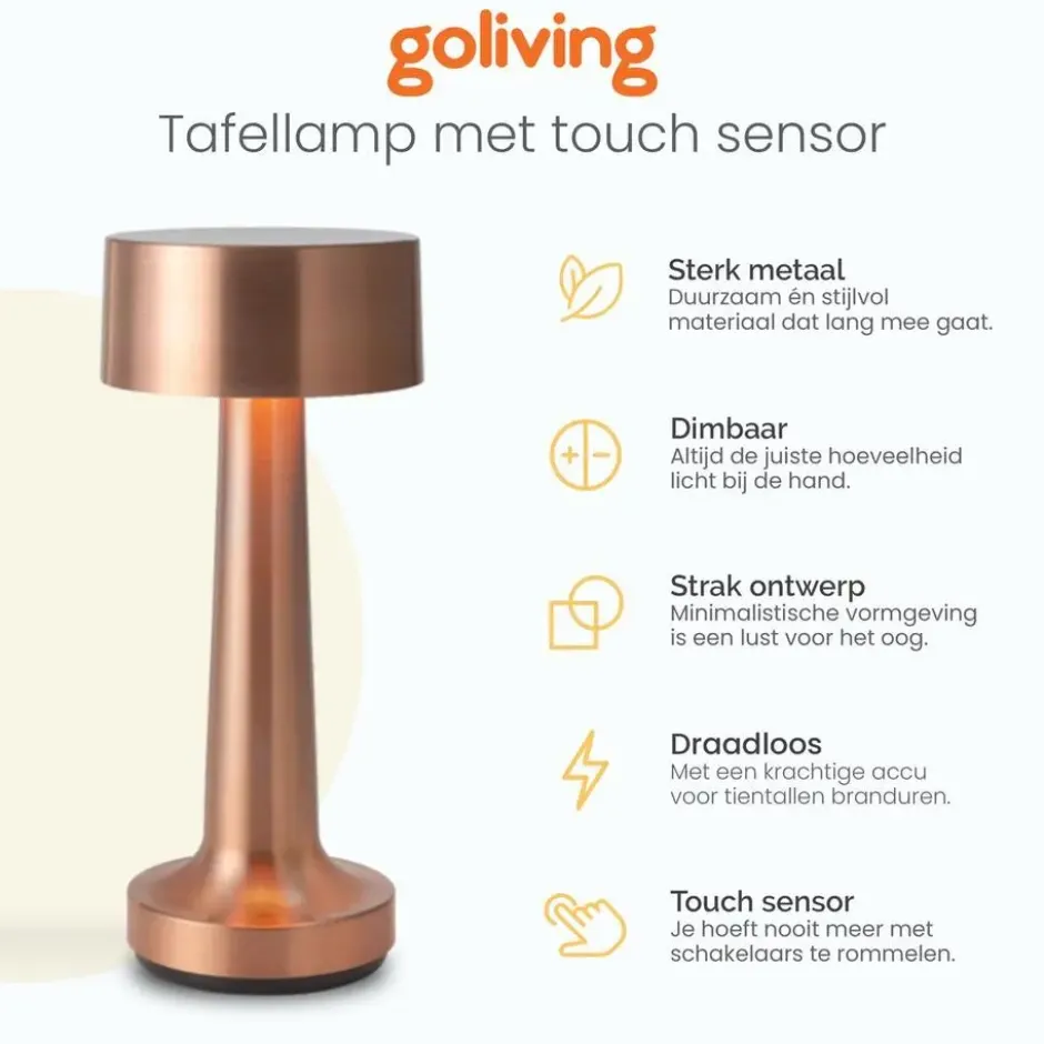 Goliving Tafellamp Oplaadbaar – Draadloos en dimbaar – Moderne touch lamp