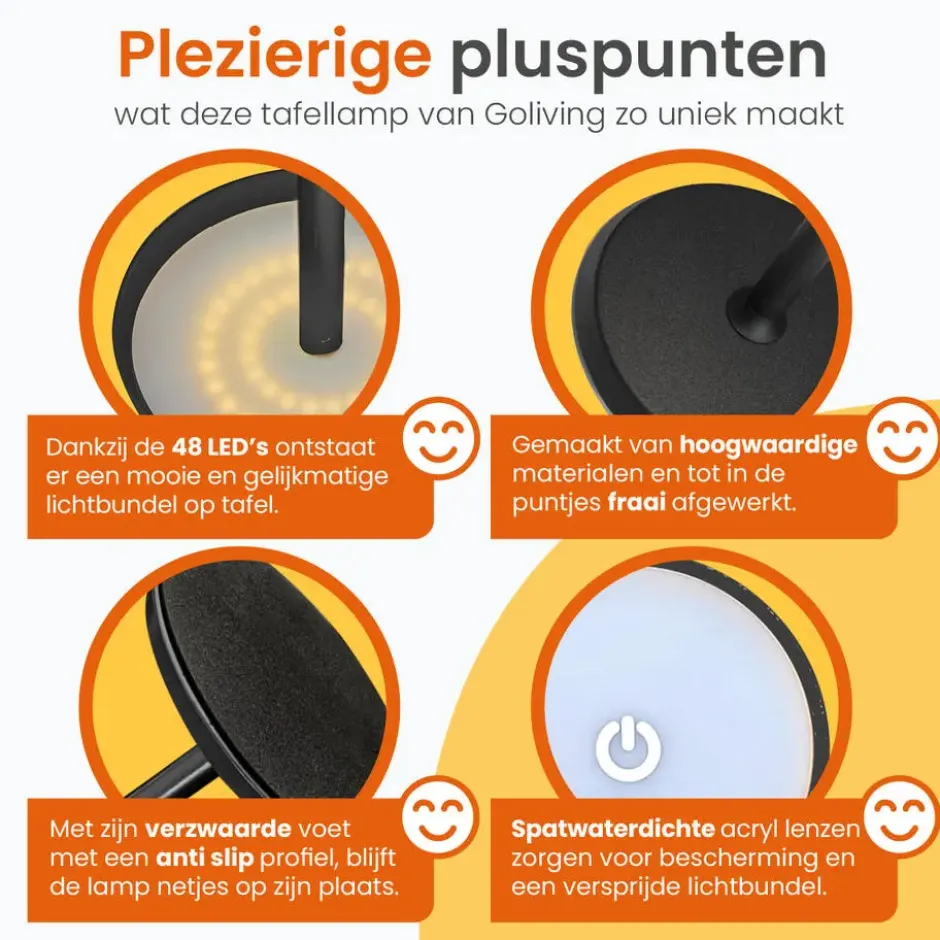 Goliving Tafellamp Oplaadbaar – Draadloos en dimbaar – Moderne touch lamp