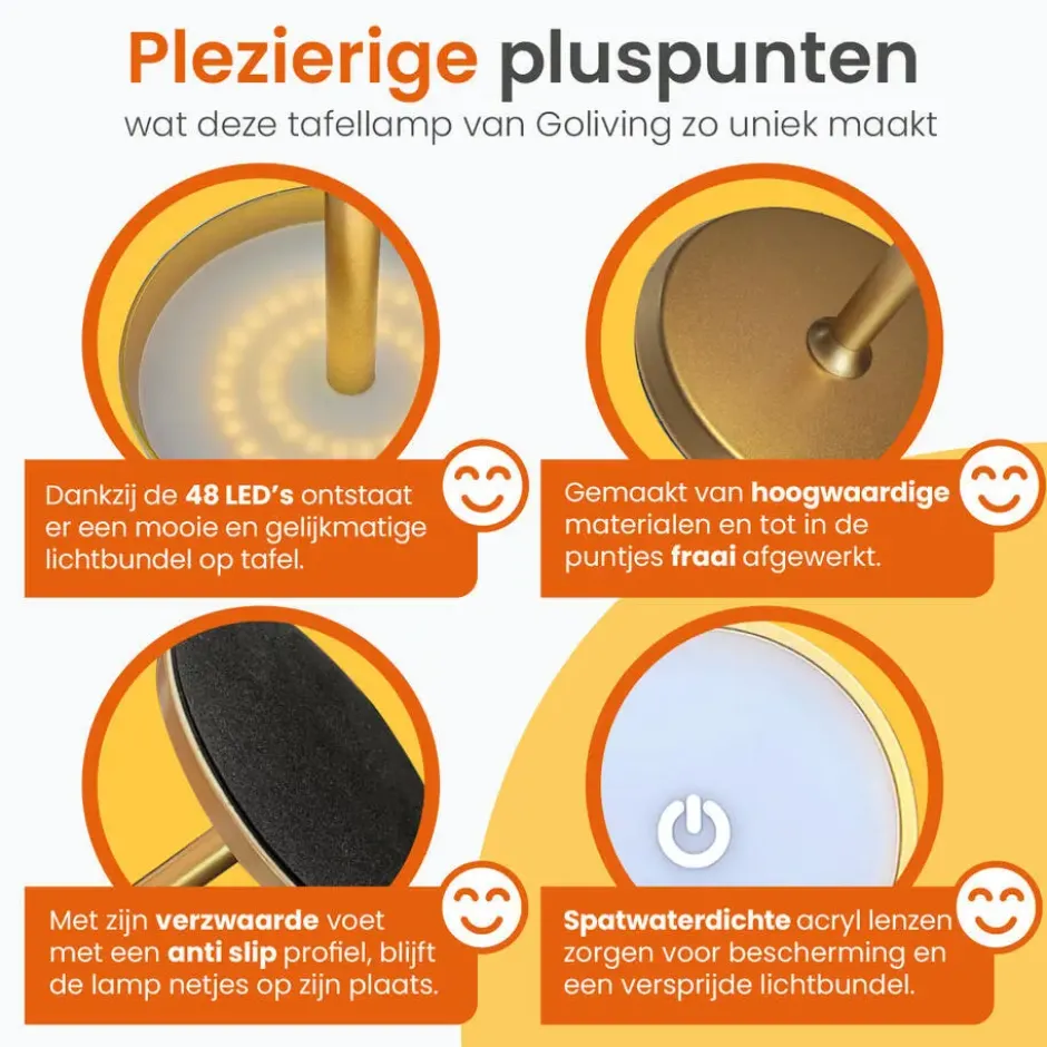 Goliving Tafellamp Oplaadbaar – Draadloos en dimbaar – Moderne touch lamp