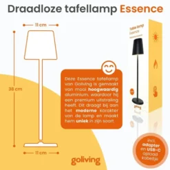 Goliving Tafellamp Oplaadbaar – Draadloos en dimbaar – Moderne touch lamp