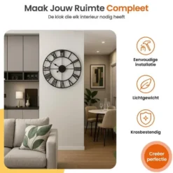 Goliving Wandklok Industrieel - Stil uurwerk - Metaal - Ø 60 cm - Zwart