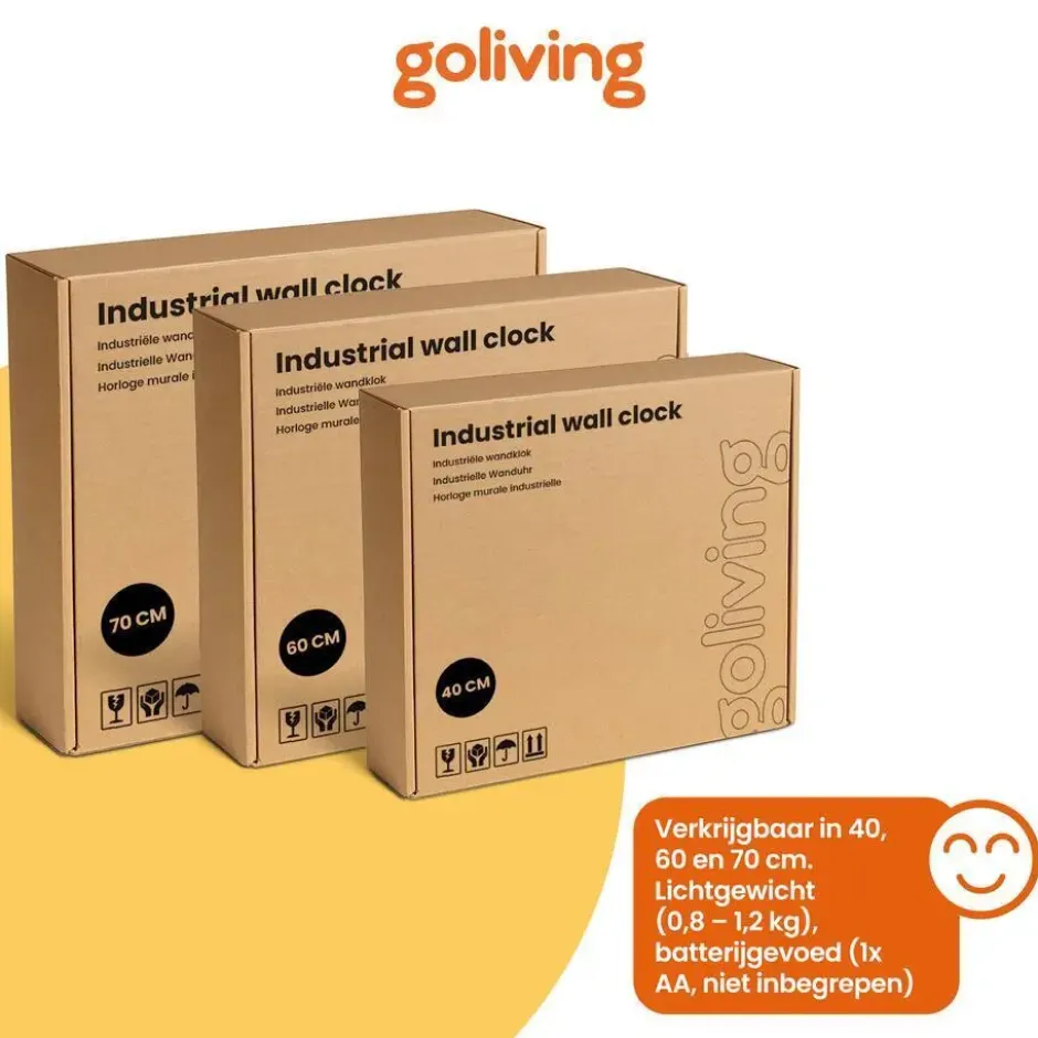 Goliving Wandklok Industrieel - Stil uurwerk - Metaal - Ø 60 cm - Zwart