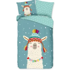 Good Morning Lama’s Winterfeest Flanel Dekbedovertrek Petrol