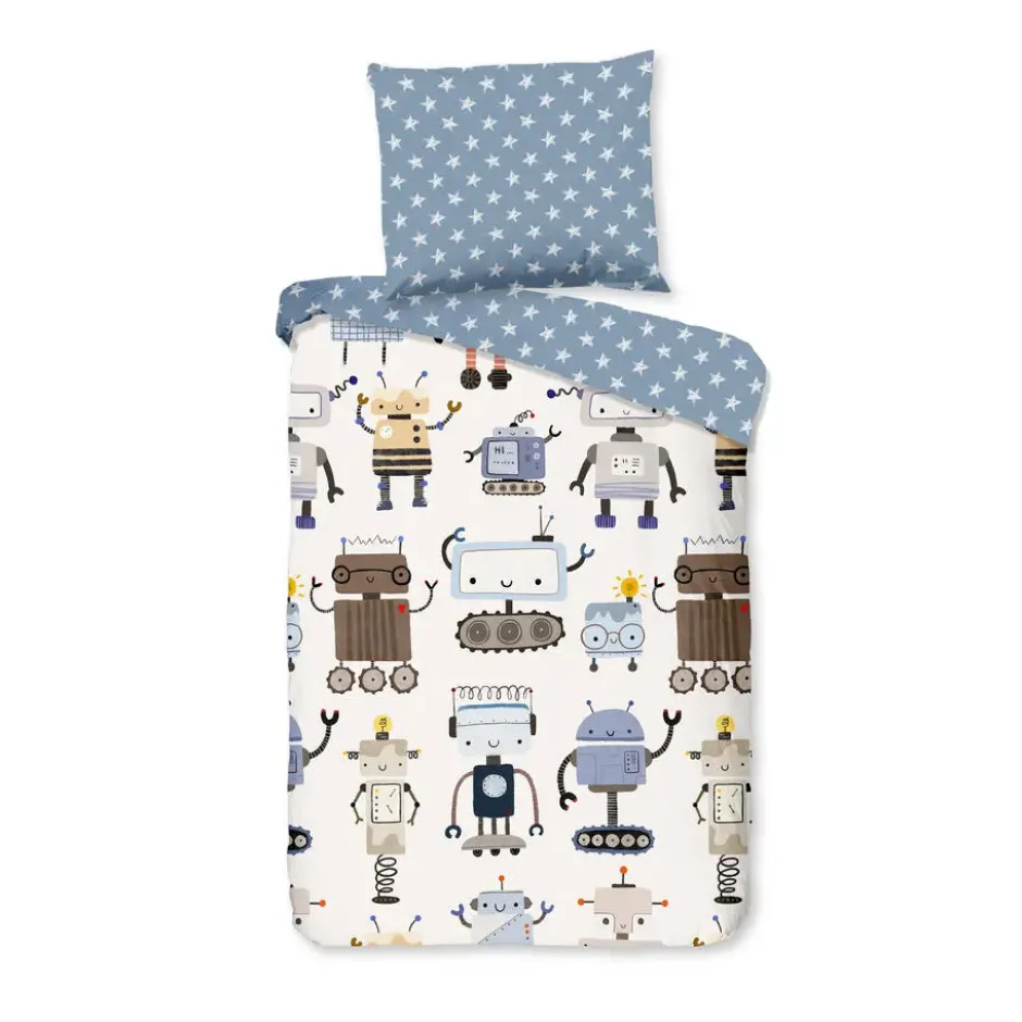 Goodmorning Robots Peuter Dekbedovertrek Blauw-Ledikant (100 x 135 cm)