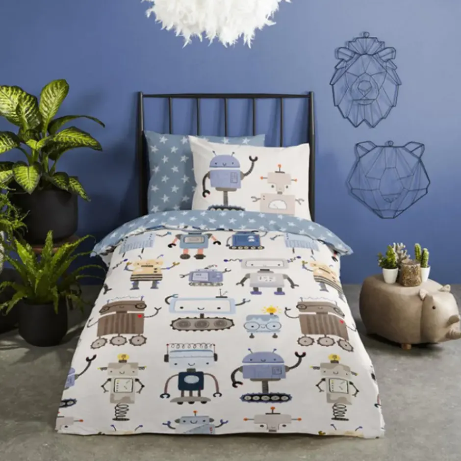 Goodmorning Robots Peuter Dekbedovertrek Blauw-Ledikant (100 x 135 cm)