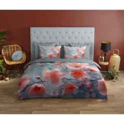 Good Morning Roze Bloemen Dekbedovertrek Grijs-1-persoons (140 x 200/220 cm)