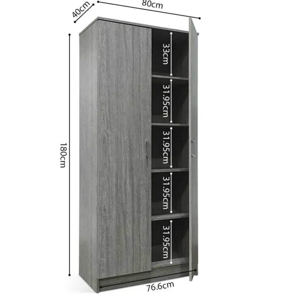 Grijze eik opbergkast Ray 80 cm met 2 deuren en 4 planken