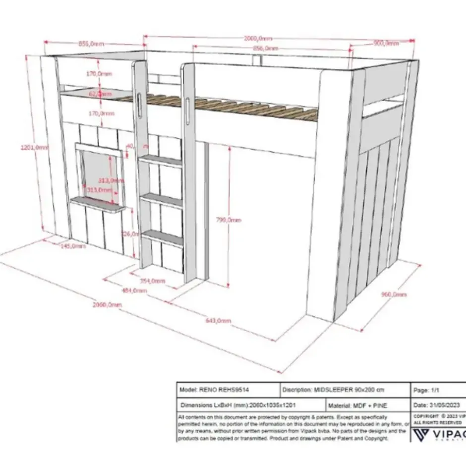 Halfhoogslaper Reno met speelhuisje - 206x104x120 cm - Wit
