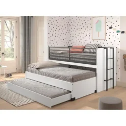 Halfhoogslaper Sammie 90x200cm met 2 slaapplaatsen, bedlade en bureau - wit