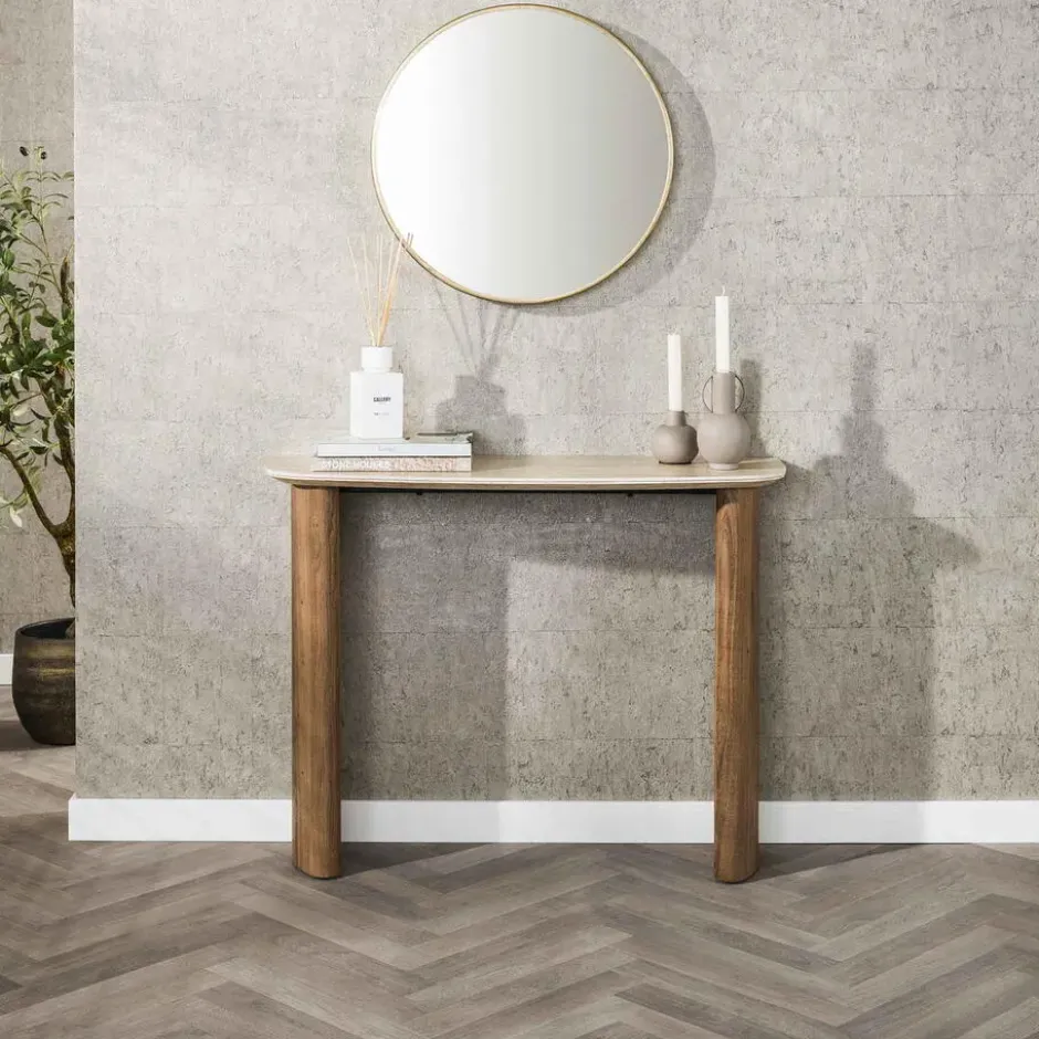 Haltafel Hout/Travertin - 100x35x76cm - Make-up Tafel - Romano