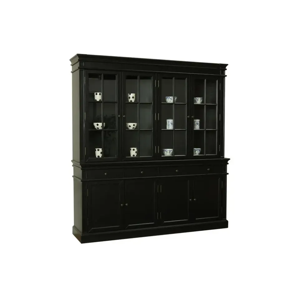 Hioshop Amaretta vitrinekast 4 deuren- zwart antiek gepatineerd Breedte 186