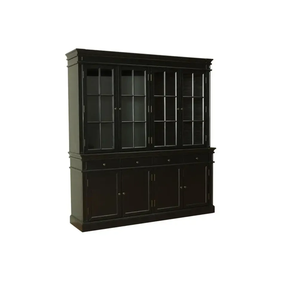 Hioshop Amaretta vitrinekast 4 deuren- zwart antiek gepatineerd Breedte 186
