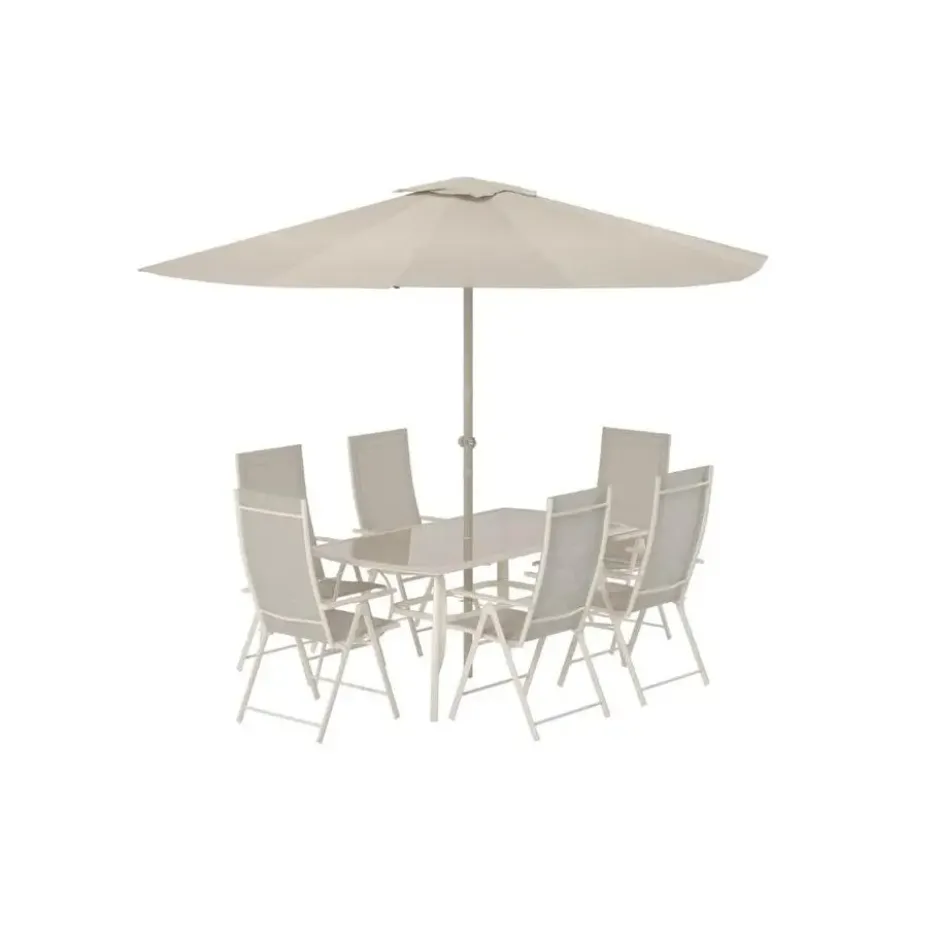 Hioshop Brekki tuinmeubelset parasol- tafel 90x150cm 6 stoelen beige