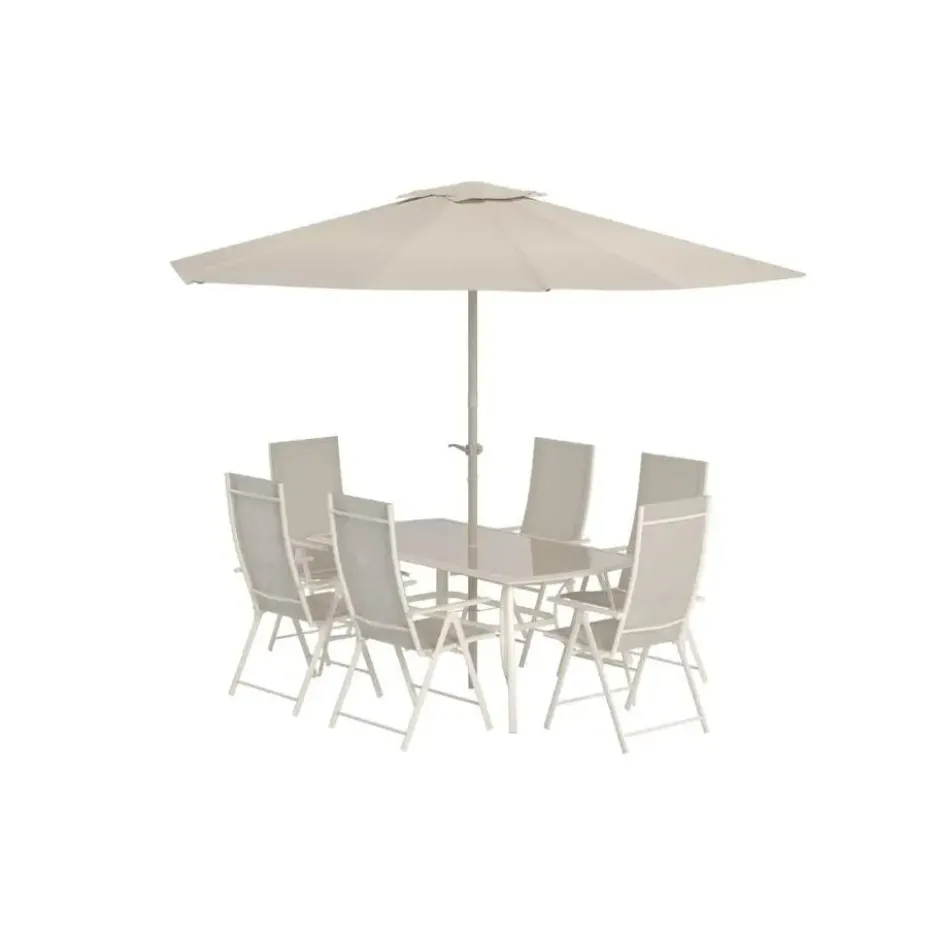 Hioshop Brekki tuinmeubelset parasol- tafel 90x150cm 6 stoelen beige