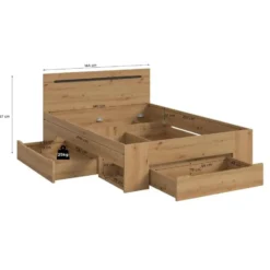 Hioshop Canu bed 140x200cm 3 laden grijs- eik decor