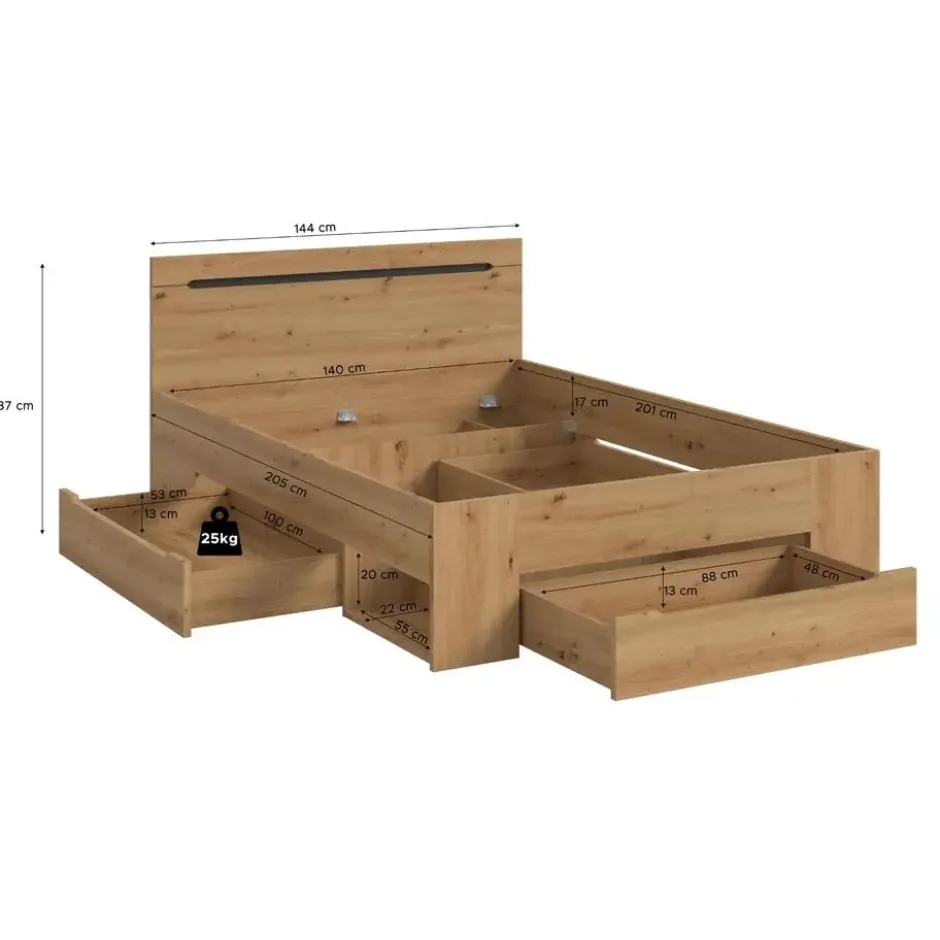 Hioshop Canu bed 140x200cm 3 laden grijs- eik decor