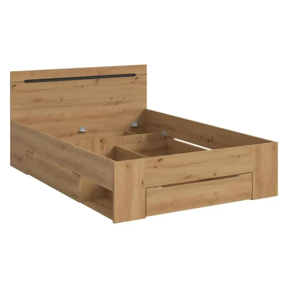 Hioshop Canu bed 140x200cm 3 laden grijs- eik decor