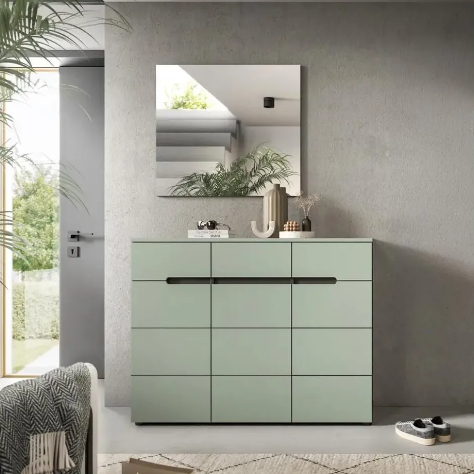 Hioshop Canu schoenenkast 3 deuren- 3 lades stofgroen- donkergrijs