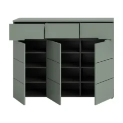 Hioshop Canu schoenenkast 3 deuren- 3 lades stofgroen- donkergrijs