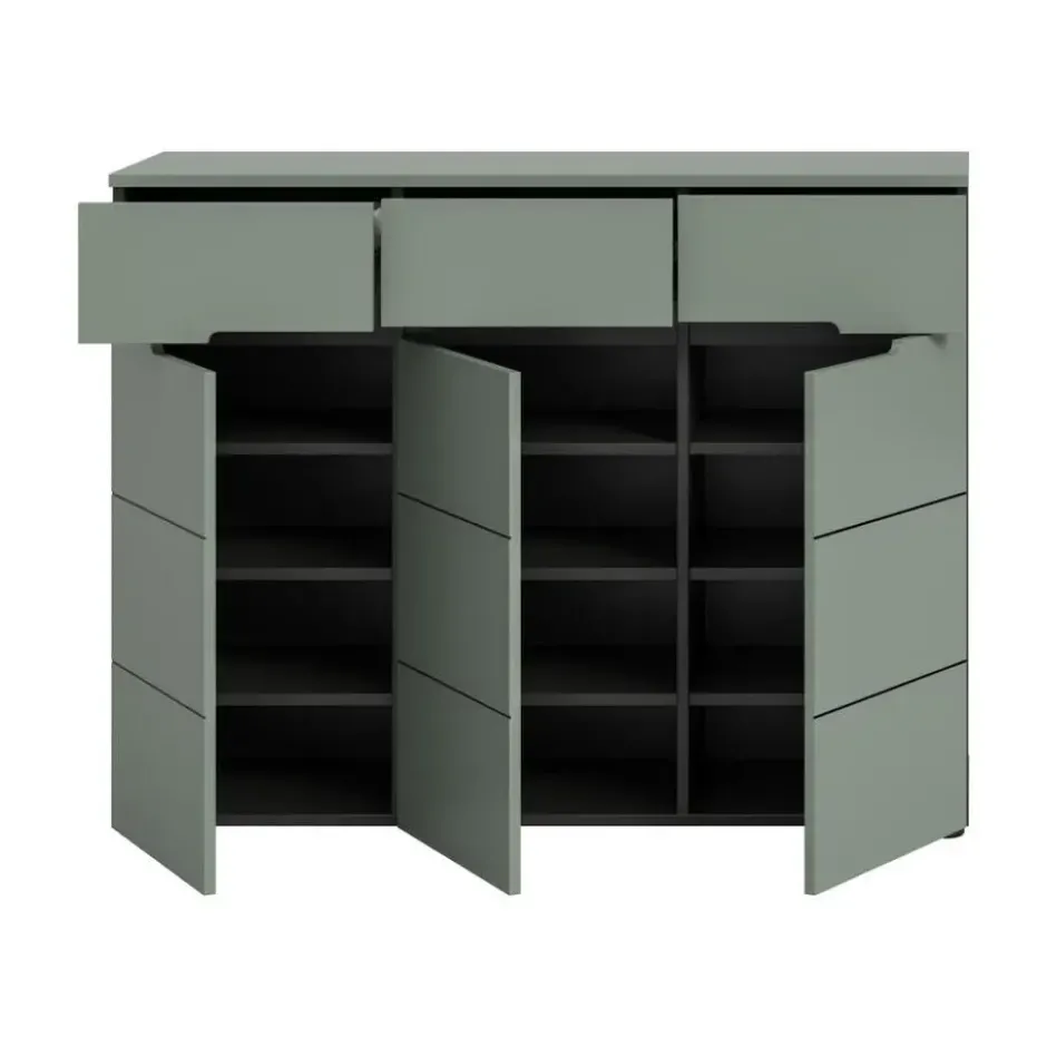Hioshop Canu schoenenkast 3 deuren- 3 lades stofgroen- donkergrijs