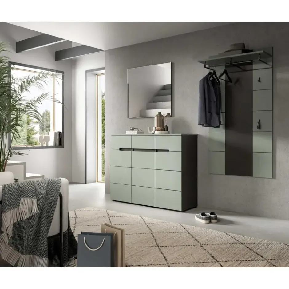 Hioshop Canu schoenenkast 3 deuren- 3 lades stofgroen- donkergrijs