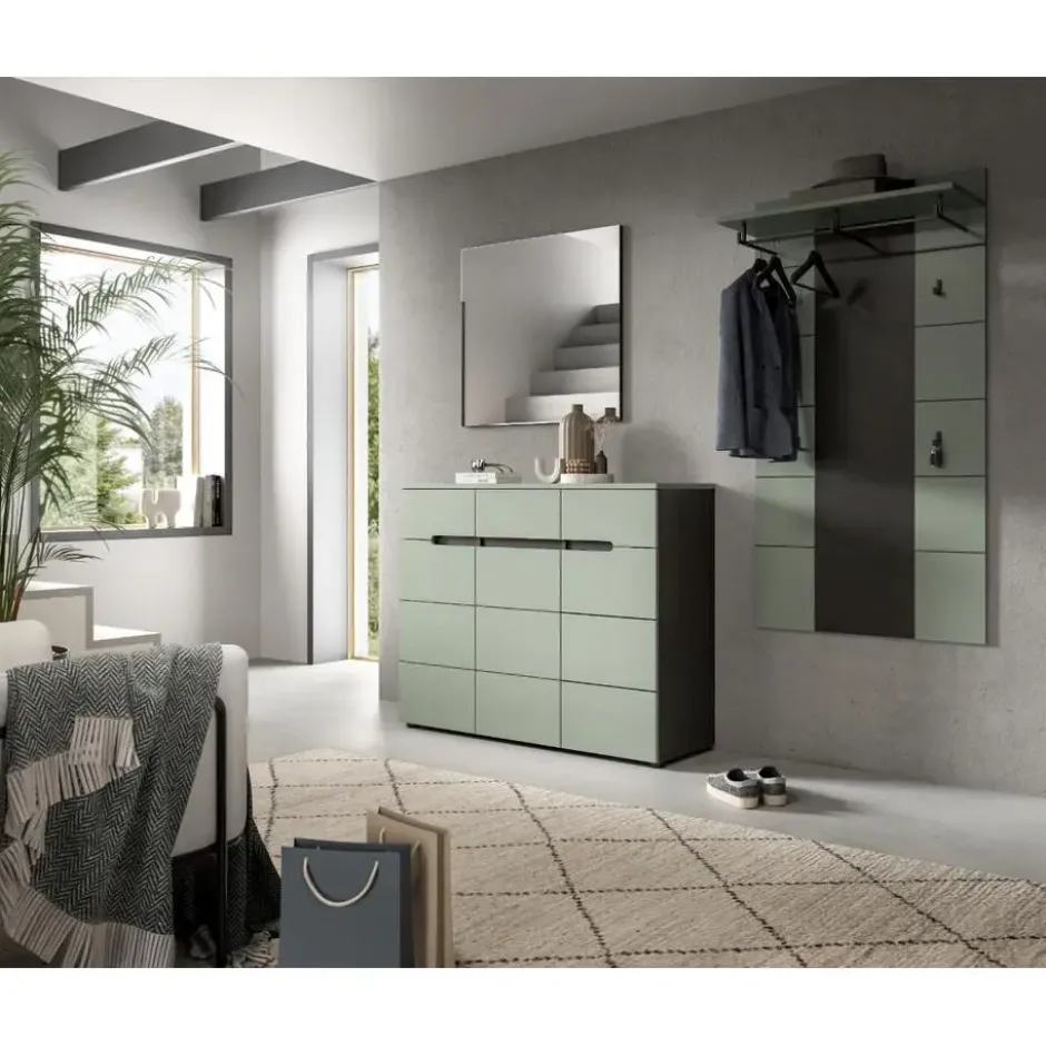 Hioshop Canu schoenenkast 3 deuren- 3 lades stofgroen- donkergrijs